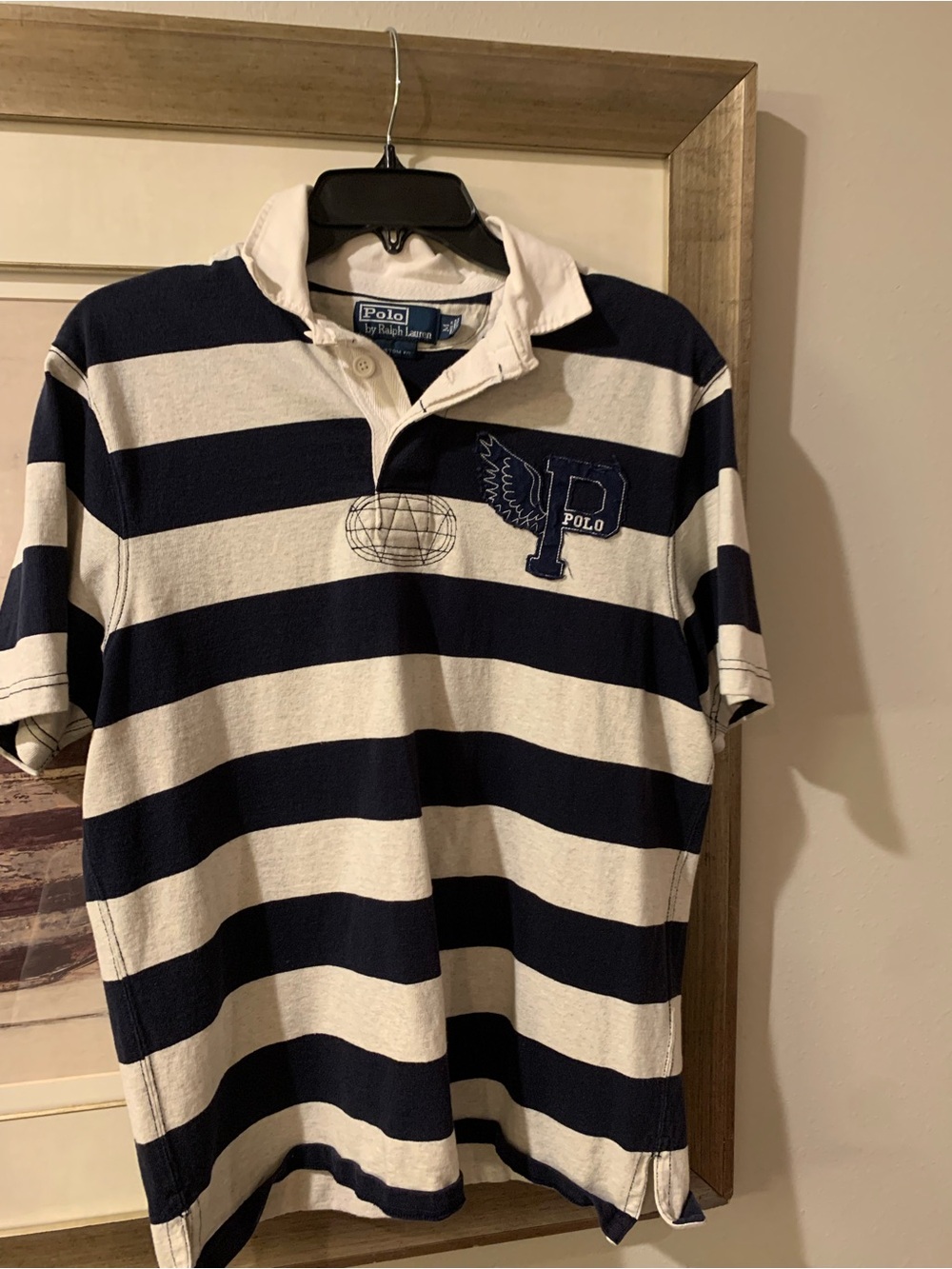 Ralph Lauren Navy & White Striped Rugby Shirt with Embroidered P Patch - Picture 1 of 11